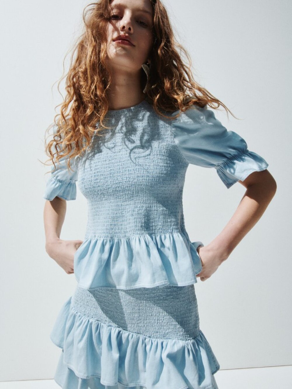 H and M Smocked denim blouse XL light blue cotton 100%